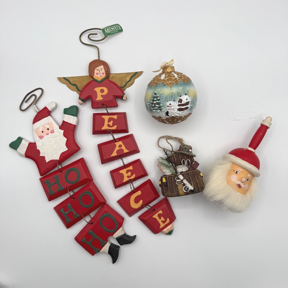 Mixed LOT Decor with Vintage Dept 56 Christmas‎ Wood Bell Ornament Santa Claus